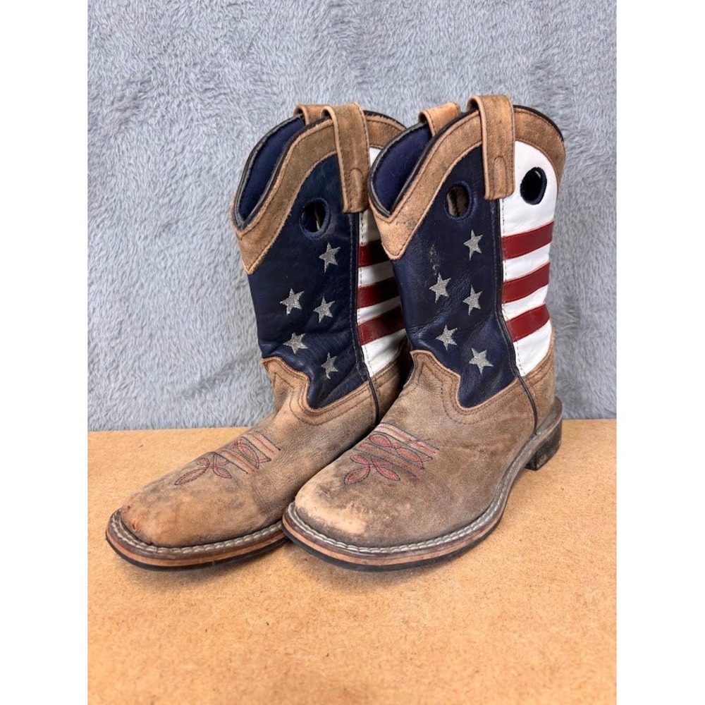 Kids American Flag Western Cowboy Boots Brown Leather Square Toe Stars Stripes - Picture 2 of 10